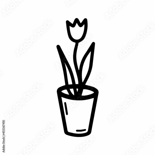 Floral vector flower in a pot, a tulip in doodle style isolated on white background. Cute flower coloring illustration for seasonal design, textile, decoration kids playroom or greeting card.