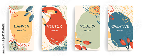 Stylish set for social media posts, stories, banners, mobile apps, internet ads. Vector design layout with copy space for text, abstract shapes, leaves, berries. A modern concept. bright color