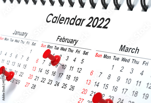 2022 - close-up calendar with red drawing pins photo