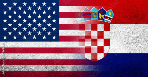 Fototapeta Naklejka Na Ścianę i Meble -  United States of America (USA) national flag with Croatia National flag. Grunge background
