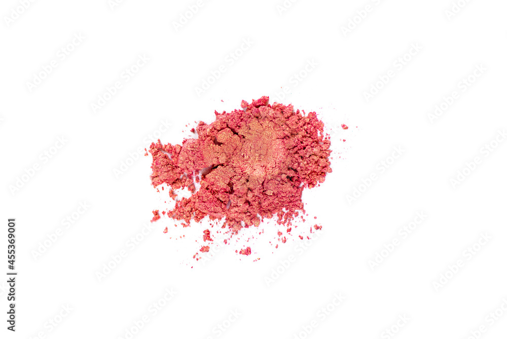 Peach and Gold colored pigment. Loose cosmetic powder. Coral eyeshadow pigment isolated on a white background, close-up
