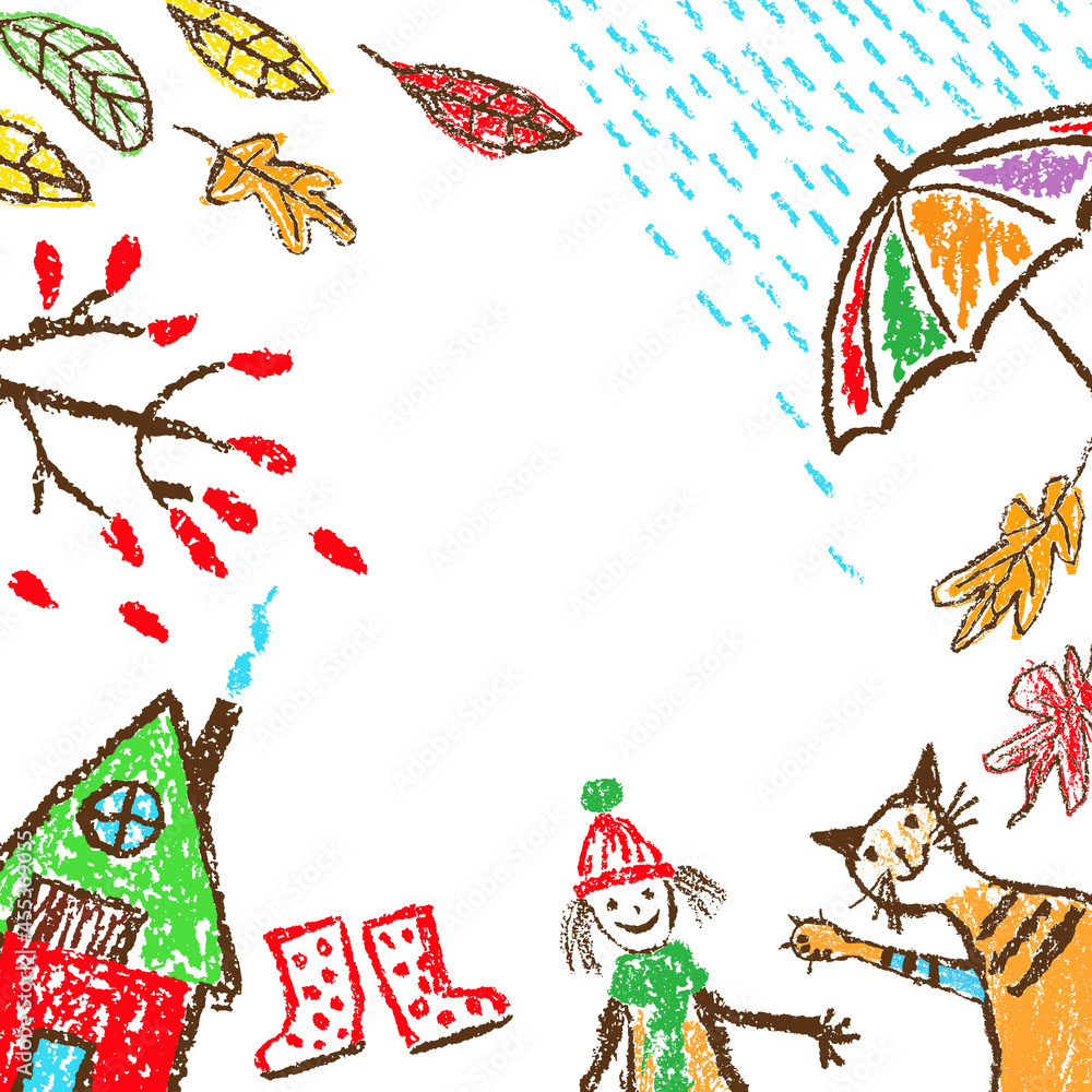 Fototapeta premium Crayon hand drawing autumn cartoon banner frame background. Girl, cat, tree, umbrella, rain, falling leaves. Like kids drawn fun doodle simple vector flat style. Pastel chalk or pencil child painting