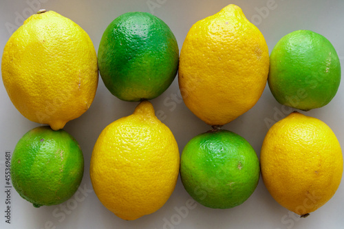 background: Lemon and lime fruits aligned alternately in two rows on white background top view