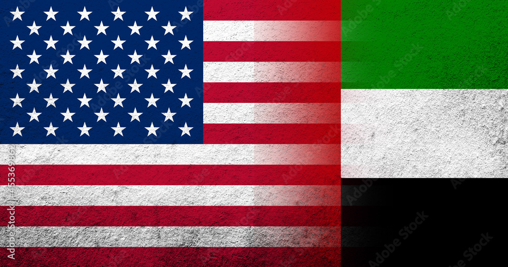 Naklejka premium United States of America (USA) national flag with National flag of United Arab Emirates. Grunge background