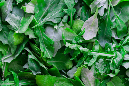 texture background: fresh rocket or arugula (rucola) leaves top view