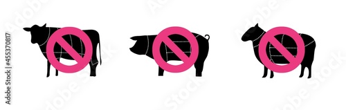 Three icons with the meaning, "no beef meat", "no pork meat" and "no lamb meat" in black and pink. concept for plant based protein foods