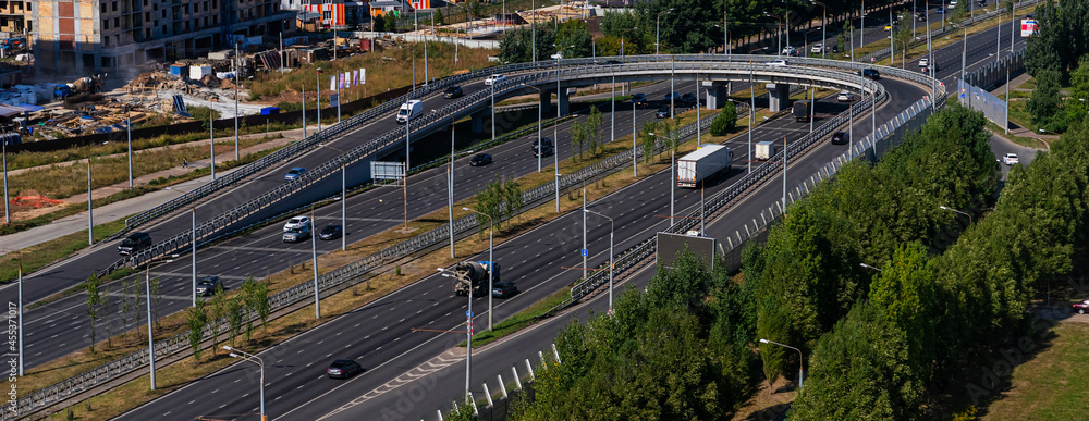 Traffic in the new districts of Kazan. View of highways and flyovers. 