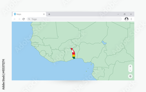 Browser window with map of Togo, searching  Togo in internet.
