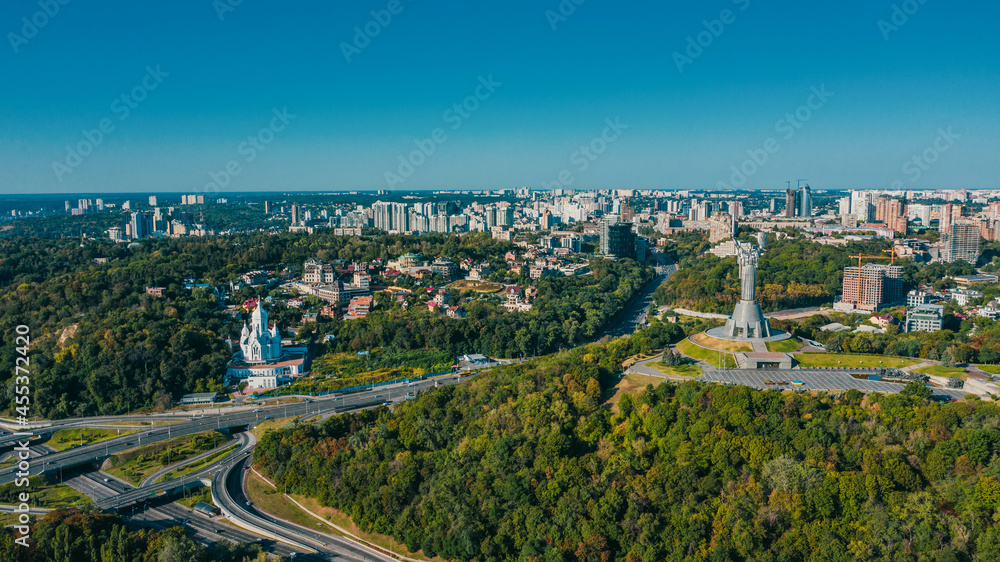 Aerial view to the  Beautiful cityscape  city Kiev  in sunny day. Top view to the urban landscape. Panorama of a big european city.