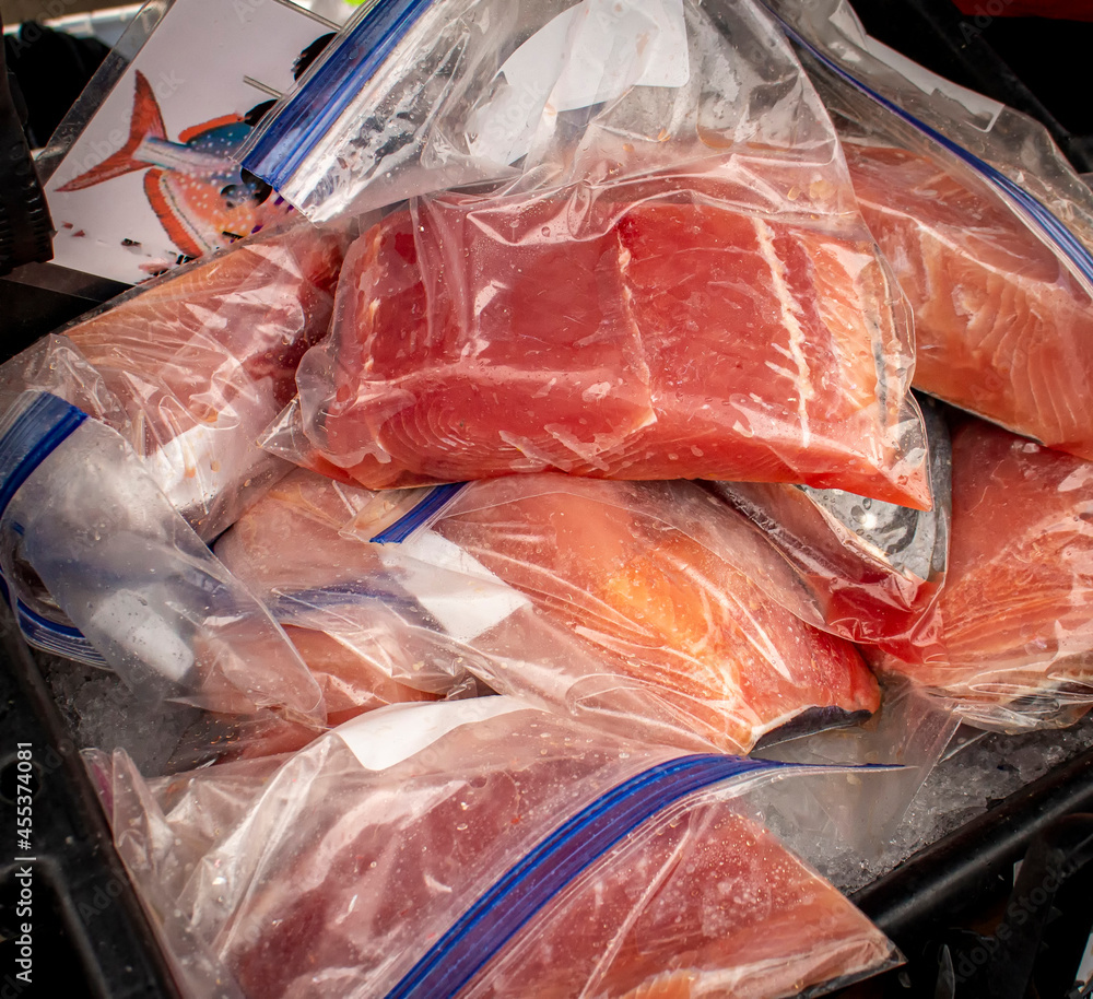 Ahi Tuna in bags at a fish market