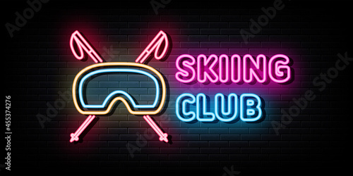 Skiing Club Logo Neon Signs Vector. 