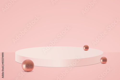 Product scene. Vector illustration with copy space. Glowing oval podium with decorative gold balls on pink background