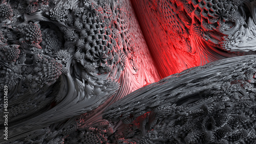 Fototapeta Naklejka Na Ścianę i Meble -  3d render, abstract fractal background, microbiological shapes, macro nature organic pattern, quantum world wallpaper illuminated with red neon light