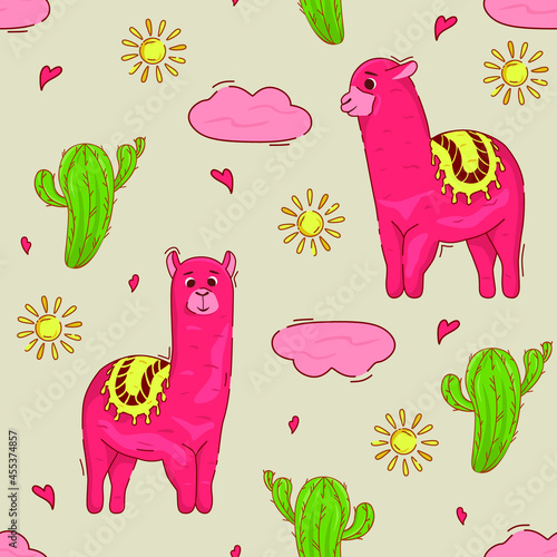 Cute seamless pattern with a lama. Childish pattern with llama, cactus and sun. Pattern for fabric, textile, wrapping paper. Stock vector illustration.