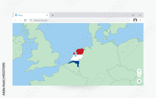 Browser window with map of Netherlands, searching  Netherlands in internet.