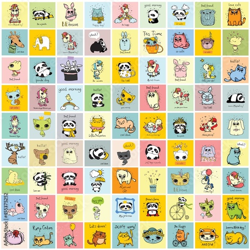 Cute doodle collection. Simple design of cute animals, birds, flowers and other design elements perfect for kid's card, banners, stickers and kid's things.