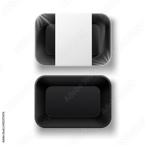 Realistic design template with black food tray on white background top view.