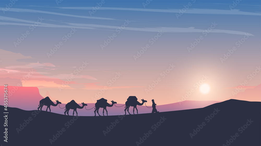 caravan of camels at sunset arabic desert - obrazy, fototapety, plakaty 
