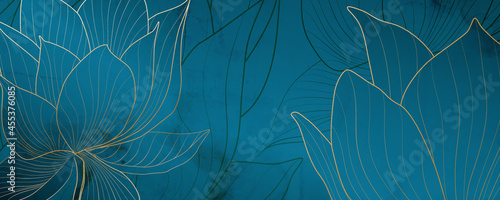 luxury artistic background with gold and blue lotuses for social media and web banner decoration