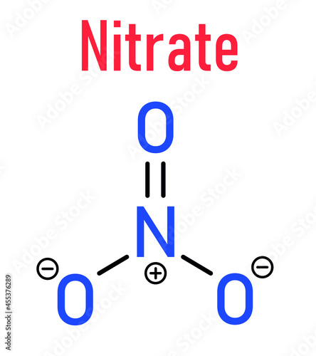 Nitrate anion, chemical structure. Skeletal formula.