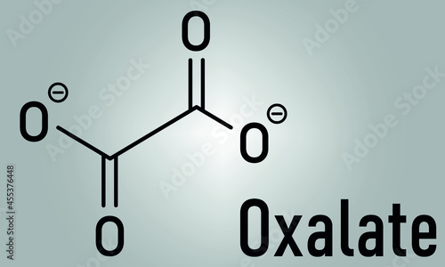 Oxalate anion, chemical structure. Oxalate salts can form kidney stones. Skeletal formula.