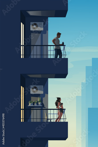 two different neighbors on balconies at sunset