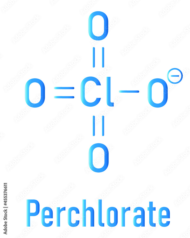 Perchlorate anion, chemical structure. Salts are used in rocket propellants. Skeletal formula. Perchlorate anion, chemical structure. Salts are used in rocket propellants. Skeletal formula.