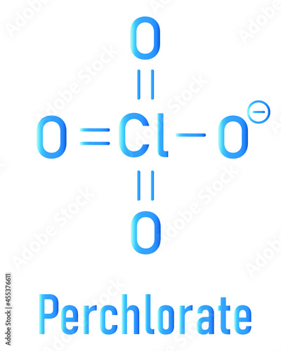 Perchlorate anion, chemical structure. Salts are used in rocket propellants. Skeletal formula.