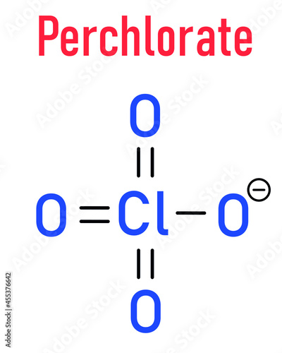 Perchlorate anion, chemical structure. Salts are used in rocket propellants. Skeletal formula.