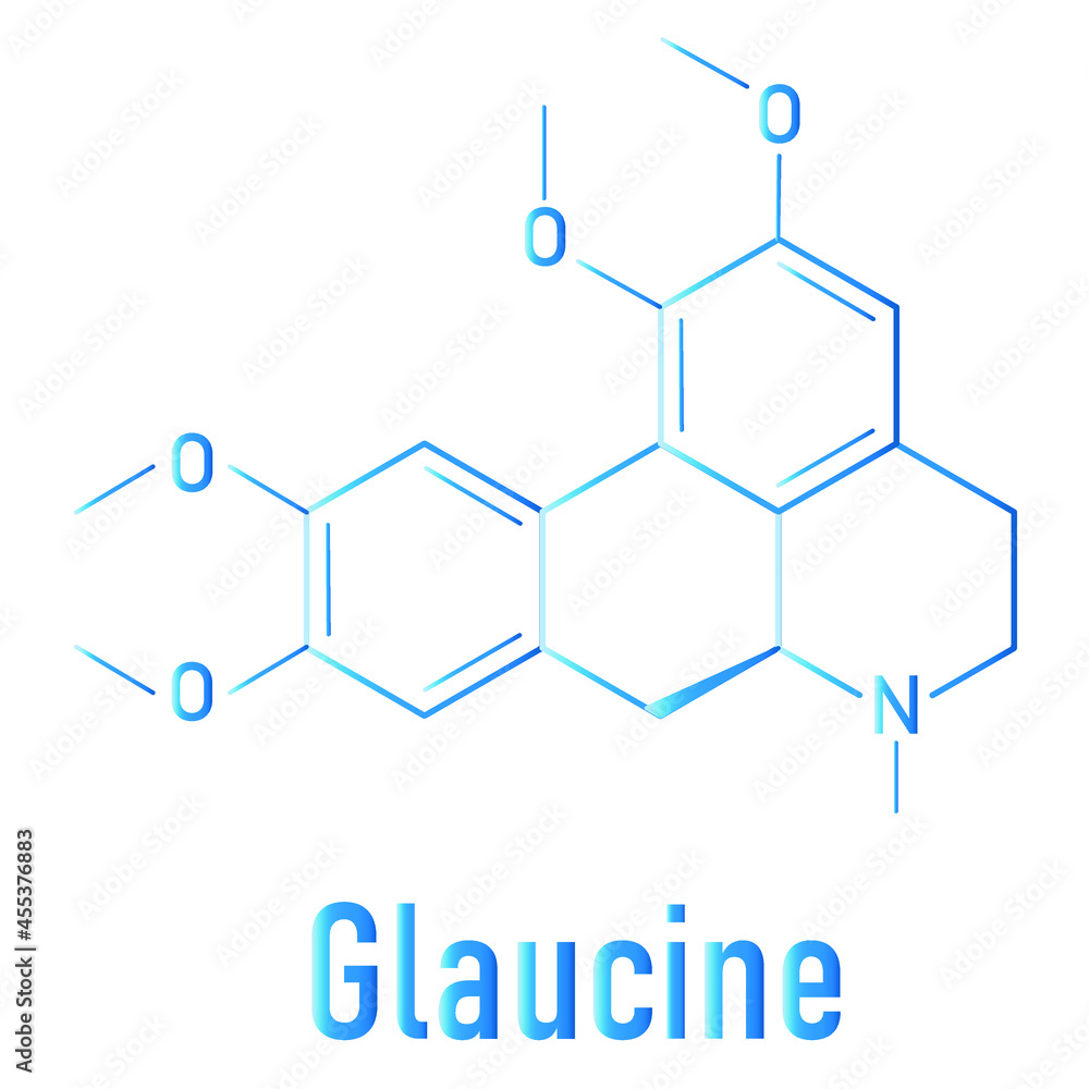 Obraz premium Glaucine alkaloid molecule. Found in yellow hornpoppy (Glaucium flavum) and a number of other plants. Skeletal formula.