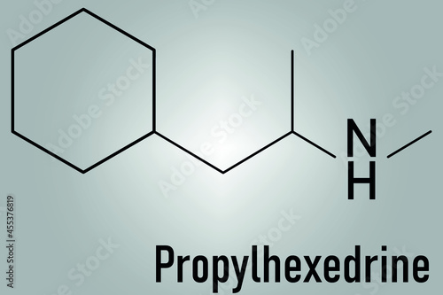 Propylhexedrine molecule. Used as nasal decongestant and stimulant. Skeletal formula.