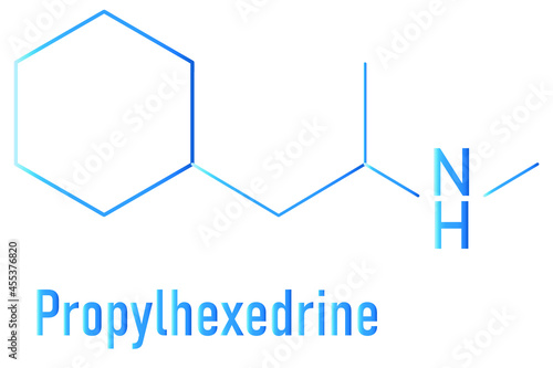 Propylhexedrine molecule. Used as nasal decongestant and stimulant. Skeletal formula.