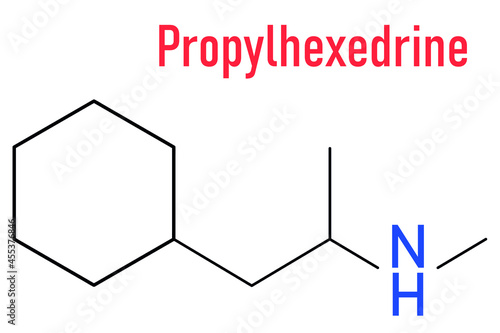 Propylhexedrine molecule. Used as nasal decongestant and stimulant. Skeletal formula.