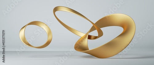 3d render, abstract fashion background with mobius ribbon linked rings, paper stripe macro, golden foil