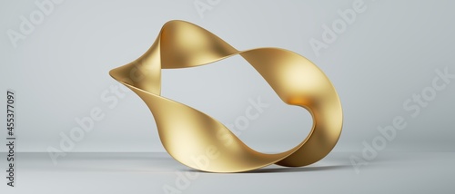 3d render, abstract fashion background with mobius ribbon twisted ring, paper stripe macro, golden foil photo