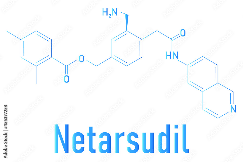 Netarsudil drug molecule. Used in treatment of ocular hypertension and glaucoma. Skeletal formula. Netarsudil drug molecule. Used in treatment of ocular hypertension and glaucoma. Skeletal formula.