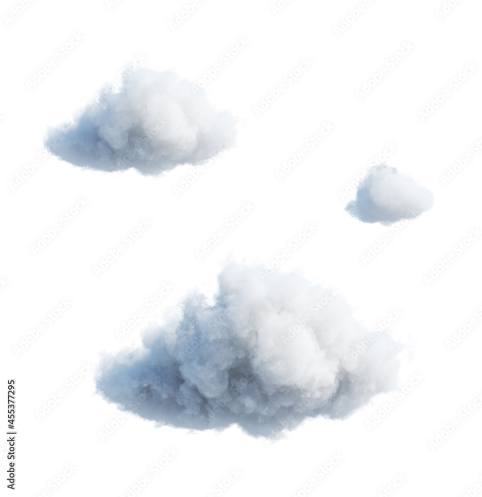 3d render, collection of abstract cloud shapes isolated on white background, cumulus clip art