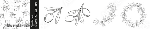 Set of different branches of olives, seamless pattern and circle frame on white background.