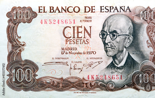 Obverse side of 100 one hundred Spanish cien Pesetas banknote currency issued 1970 by bank of Spain Madrid features the portrait of Manuel de Falla, old Spanish money, vintage retro, uncirculated photo