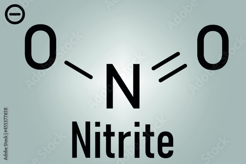 Nitrite anion, chemical structure. Nitrite salts are used in the curing of meat. Skeletal formula.