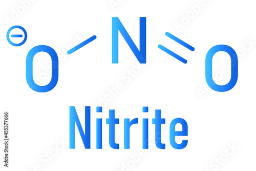 Nitrite anion, chemical structure. Nitrite salts are used in the curing of meat. Skeletal formula.