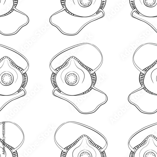 Medical respirator. Pandemic and protection against the virus. Black and white drawing, vector illustration. Vector illustration