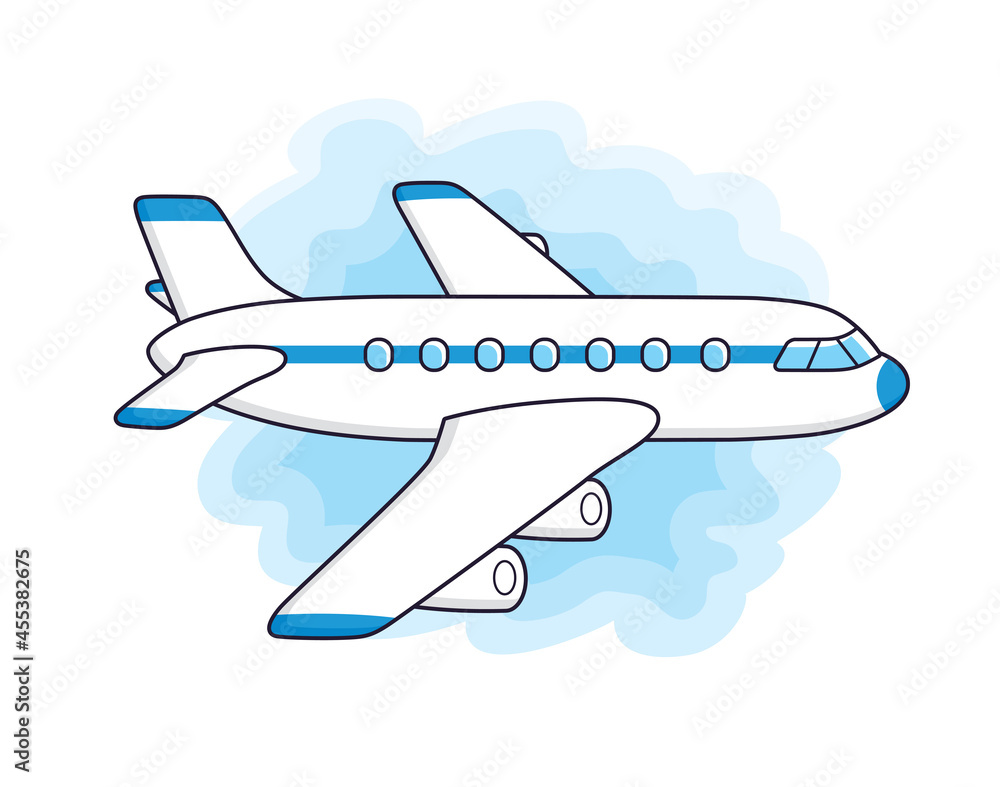White jet airplane in blue sky cartoon vector icon