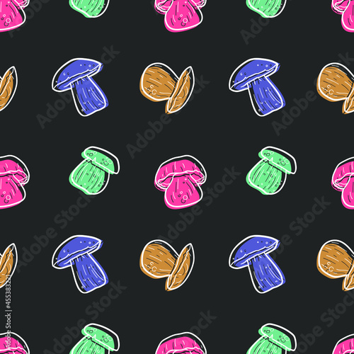 Mushroom Boletus Edulis Pattern. Seamless Background Symbols. Doodle Drawn Sketch Hand Made Design Vector.