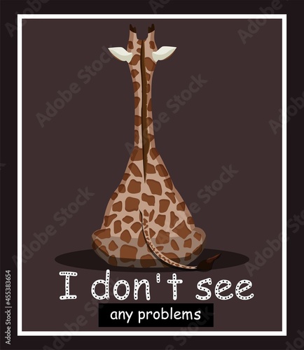 The giraffe sits with its back.Tall African animal.  Zoo. Corral. Pride. Herbivore. Flat style. Funny banner. Life without problems. Cover. Brown background.