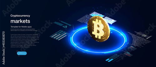 Crypto currency market landing page. Hologram of a Bitcoin coin on a blue futuristic background Digital currency or cryptocurrency mining farm. Creation of bitcoins. Crypto mining, blockchain concept.