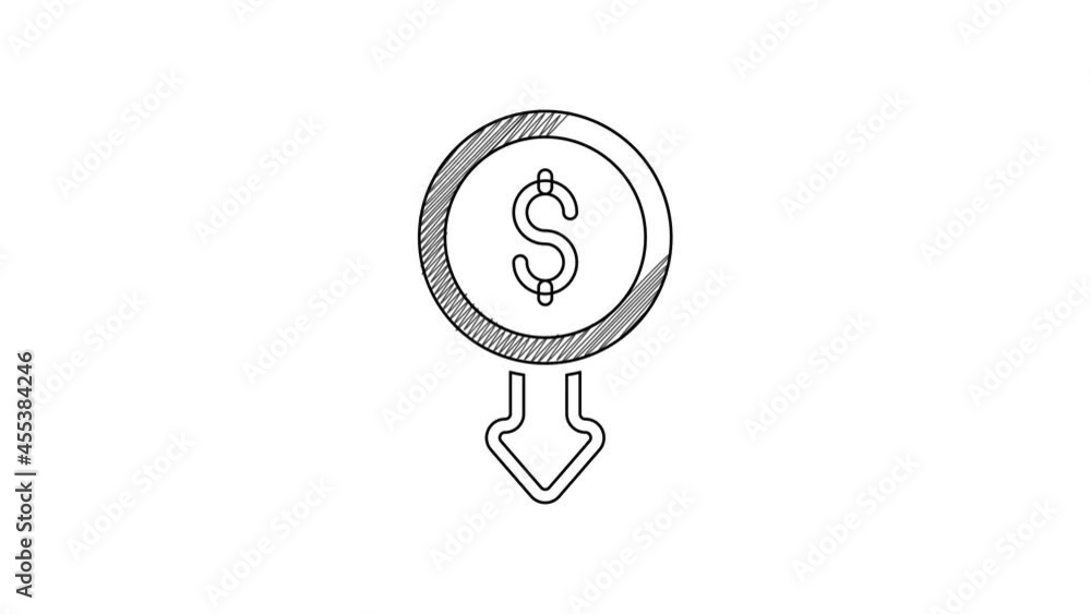 Black line Dollar rate decrease icon isolated on white background. Cost reduction. Money symbol with down arrow. Business lost crisis decrease. 4K Video motion graphic animation Black line Dollar rate decrease icon isolated on white background. Cost reduction. Money symbol with down arrow. Business lost crisis decrease. 4K Video motion graphic animation