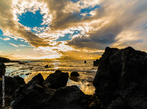 Kanaio Beach And Sunset Over Kahoolawe Island Across La Perouse Bay, Makena-La Perouse State Park, Maui, Hawaii, USA photo