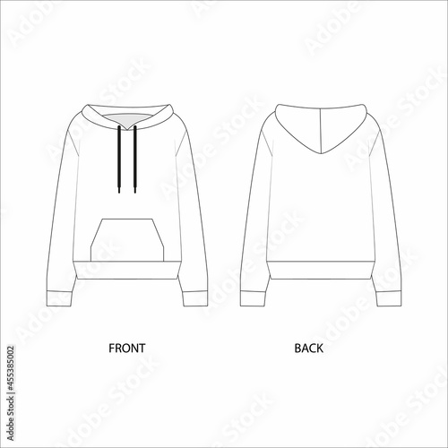Hoodie sketch vector. Hooded sweatshirt technical drawing. jacket with hood image. Hoodie template. Jacket front and back view. 