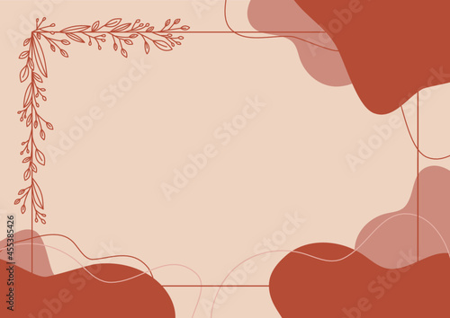 Elegancka ramka z listkami na brzoskwiniowym tle z kolorowymi plamami. Do projektowania wizytówki, kartek urodzinowych, życzeń, gratulacji, wzór zaproszenia ślubnego, tło do social media lub na blog.